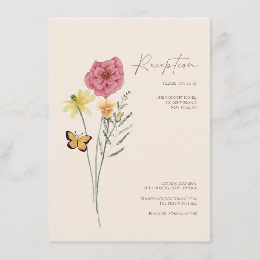 Eenvoudige roze Wildflower grillige bruiloft recep Informatiekaartje (Voorkant)