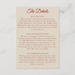 Eenvoudige Ruby Red Bone White Wedding Details Informatiekaartje