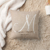 Eenvoudige rustieke beige jute monogram bruiloft kussen (Deken)