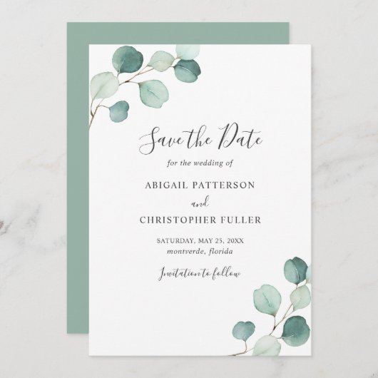 Eenvoudige rustieke eucalyptus groen elegante brui save the date (Voorkant / Achterkant)