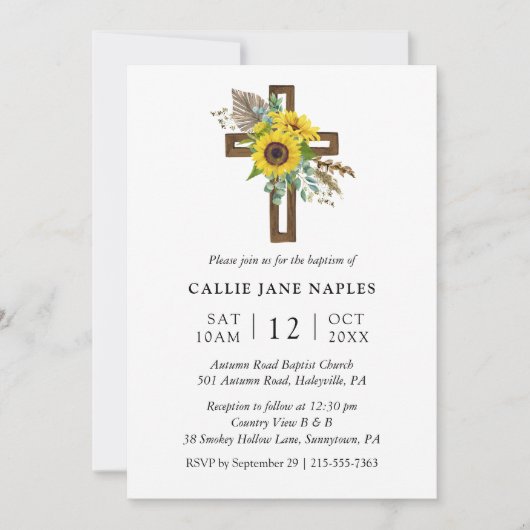 Eenvoudige rustieke Zonnebloem Houten Kruisdoop Kaart (Voorkant)