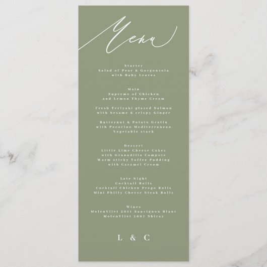 Eenvoudige Sage Green en White Modern Calligraphy Menu (Voorkant)