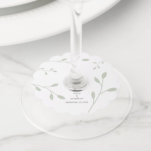 Eenvoudige Sage Groene bladeren Namen Datum Bruilo Wijnglaslabel (Dichtbij)