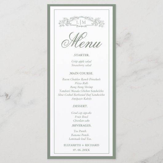 Eenvoudige Sage Groene botanische kam monogram bru Menu (Voorkant)