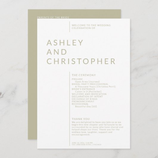 Eenvoudige Sage Groene Geïsoleerde Namen Huwelijks Programma (Voorkant / Achterkant)