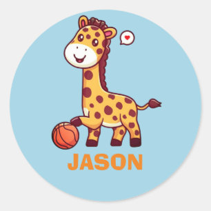 Eenvoudige schattige giraf kawaii met basketbal ronde sticker