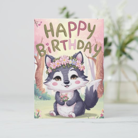 Eenvoudige Schattigee Wolf Digitale Verjaardag Kaart (Staand voorkant)
