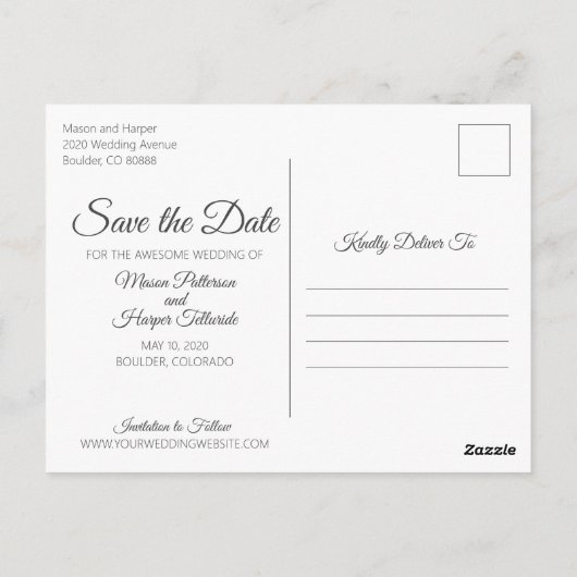 Eenvoudige Script Cutout | &W Opslaan Datum Briefkaart (Achterkant)