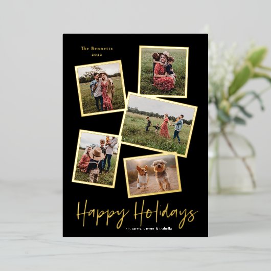 Eenvoudige Script Gelukkig Kerstfeest 5 Foto Colla Folie Feestdagenkaart (Staand Voorkant)