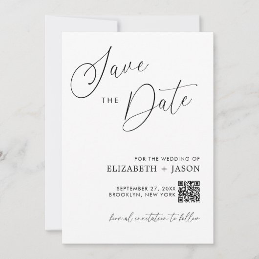 Eenvoudige Script QR-code Foto Huwelijk Save The Date (Voorkant)