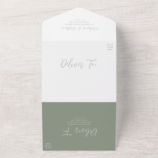 Eenvoudige Script Sage Green Wedding All In One Uitnodiging (Buitenkant)