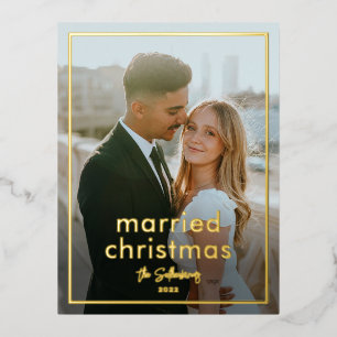 Eenvoudige scriptnaam Minimale foto Getrouwd Kerst Folie Feestdagen Briefkaart