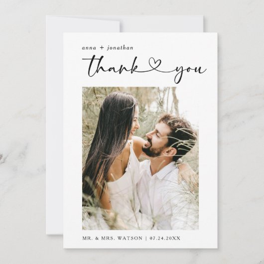 Eenvoudige scripttekst en foto bruiloft Dank u Bedankkaart (Voorkant)