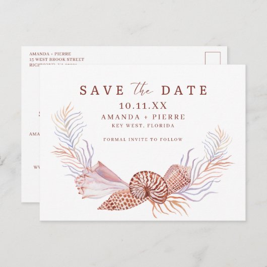 Eenvoudige Seashell Beach Bruiloft Save the Date Aankondigingskaart (Voorkant / Achterkant)