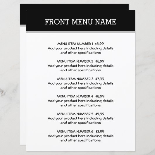 Eenvoudige sjabloon van de prijslijst van het menu (Voorkant / Achterkant)