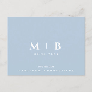 Eenvoudige Sky Blue Monogram Bruiloft Save the Dat Briefkaart