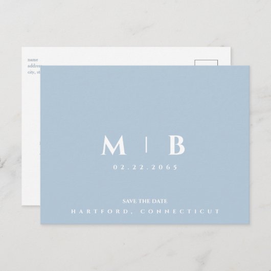 Eenvoudige Sky Blue Monogram Bruiloft Save the Dat Briefkaart (Voorkant / Achterkant)