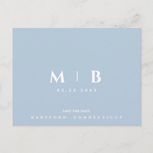 Eenvoudige Sky Blue Monogram Bruiloft Save the Dat Briefkaart (Voorkant)