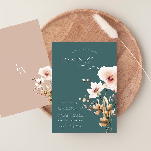 Eenvoudige Smaragd Groen Roze Wildbloemen Bruiloft Kaart