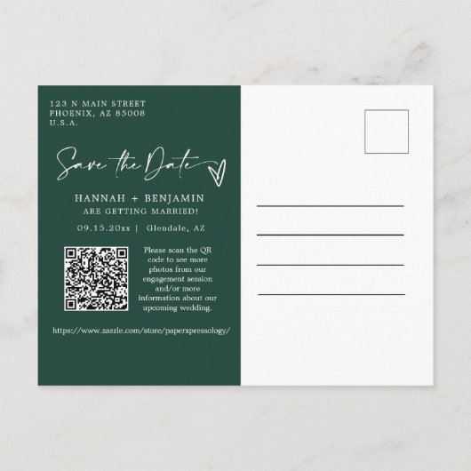 Eenvoudige Smaragd Groen Sla de Datum QR Code Foto Briefkaart (Achterkant)