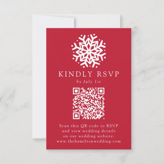 Eenvoudige Sneeuwvlok Rode QR Code Trouwen RSVP Kaartje (Voorkant)