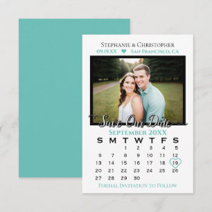 Eenvoudige stijlvolle foto- en kalender Aqua Teal Save The Date