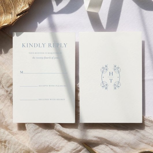 Eenvoudige Stijlvolle Stoffige Blauwe Monogram For RSVP Kaartje