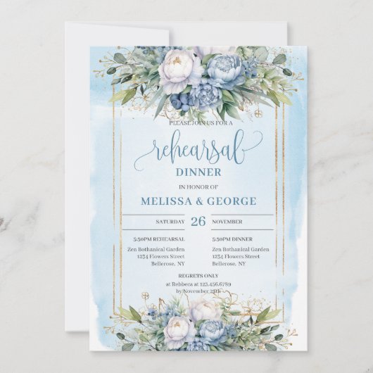 Eenvoudige Stof Blauw Bloemig Gouden Lijst Eet Uit Kaart (Voorkant)