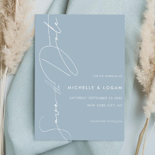 Eenvoudige Stof Blauw Moderne Script Bruiloft Save The Date