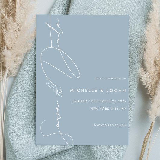 Eenvoudige Stof Blauw Moderne Script Bruiloft Save The Date
