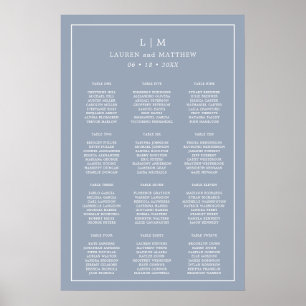 Eenvoudige Stof Blauw Monogram Trouwstoelenkaart Poster