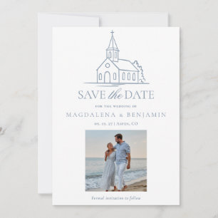 Eenvoudige stoffige blauwe christelijke kapel kerk save the date