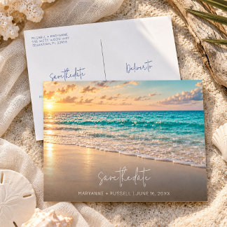 Eenvoudige strandbruiloft budget save the date aankondigingskaart