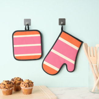 Eenvoudige strepen in roze, Sinaasappel en crème Ovenwant & Pannenlap Set