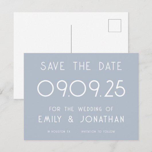 Eenvoudige tekst Dusty Blue Wedding Sla de datum o Aankondigingskaart (Voorkant / Achterkant)