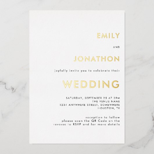 Eenvoudige Tekst QR-code Trouw Wit Goud Echt Folie Uitnodiging (Voorkant)
