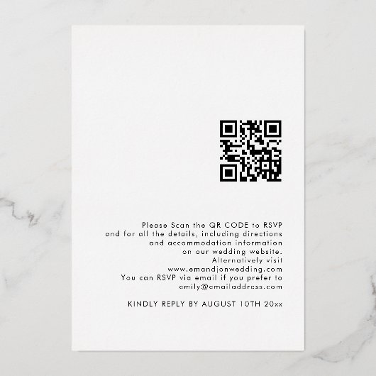 Eenvoudige tekst QR Code Weddenschap White Gold Re Folie Uitnodiging (Achterkant)