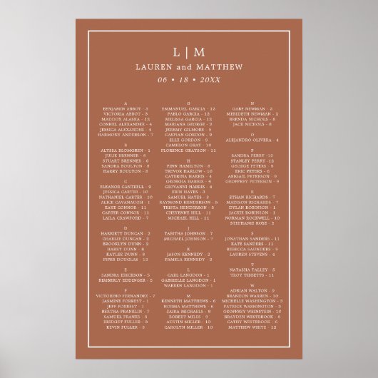 Eenvoudige Terracotta Monogram Huwelijkszitplaatsk Poster (Voorkant)
