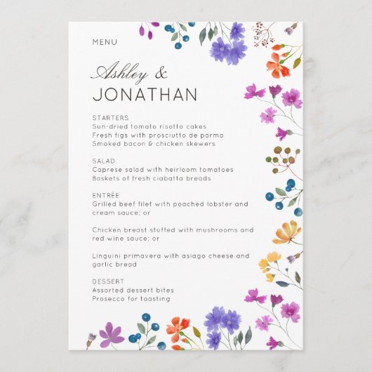 Eenvoudige, tijdloze Wildflower bruiloft Menu (Voorkant)