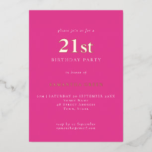 Eenvoudige Typografie 21st Verjaardag Hot Pink Folie Uitnodiging