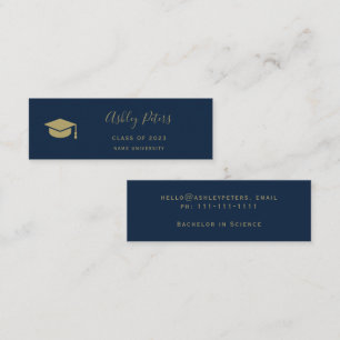 Eenvoudige typografie blauw goudpet afstuderen mini visitekaartje