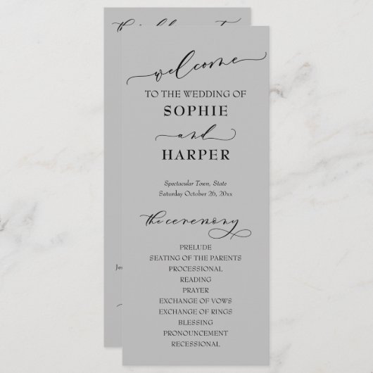 Eenvoudige Typografie, elegant grijs script Programma (Voorkant / Achterkant)