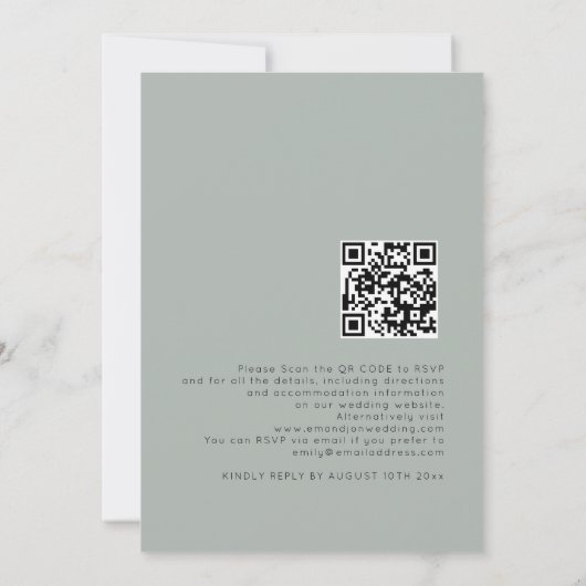 Eenvoudige Typografie Light Sage QR Code Weddensch Kaart (Achterkant)
