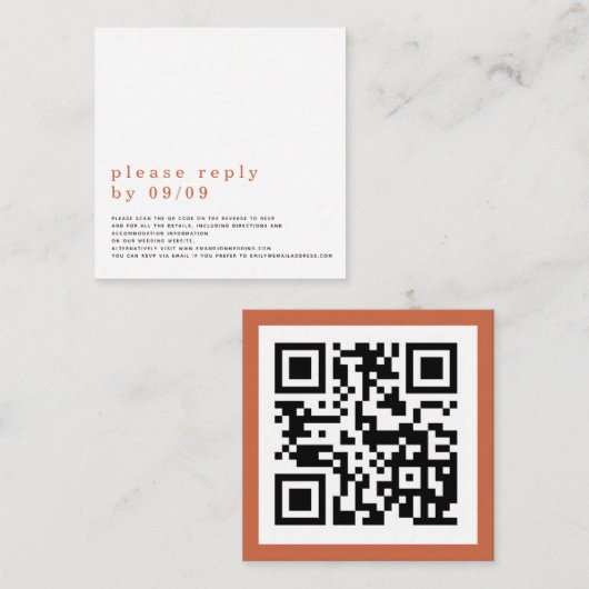 Eenvoudige Typografie QR Code Bruiloft Terracotta Informatiekaartje (Voorkant / Achterkant)