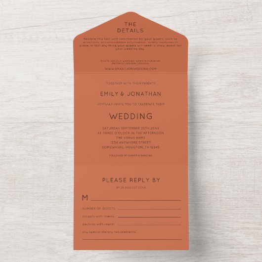 Eenvoudige Typografie Terracotta Wedding All In One Uitnodiging (Binnen)