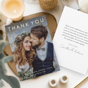 Eenvoudige typografische moderne foto bruiloft bedankkaart
