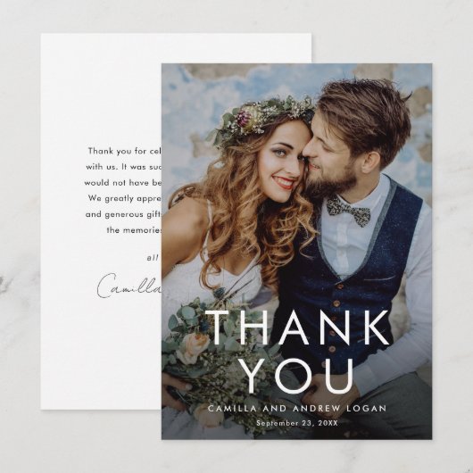 Eenvoudige typografische moderne foto bruiloft bedankkaart (Voorkant / Achterkant)
