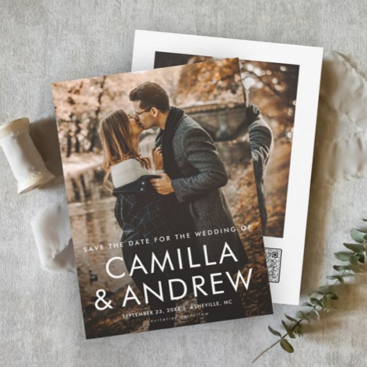 Eenvoudige Typografische QR code 2 Foto Bruiloft Save The Date
