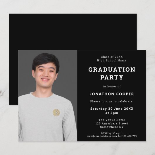 Eenvoudige uitnodiging van de Black Photo Gradupar (Voorkant / Achterkant)