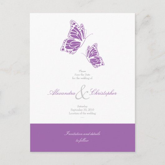 Eenvoudige Violette Vlinders Sla de datum bruiloft Aankondigingskaart (Voorkant)